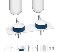 Раковина Wellsee Le.charme набор 7 в 1: две раковины из камня с подвесной столешницей 130 см (цвет матовый темно-синий/матовый белый), кронштейны, смесители, сифоны, вентили, зеркала 202006934