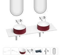 Раковина Wellsee Le.charme набор 7 в 1: две раковины из камня с подвесной столешницей 160 см (цвет матовый пурпурно-красный/матовый белый), кронштейны, смесители, сифоны, зеркала 202008152