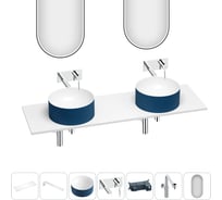 Раковина Wellsee Le.charme набор 7 в 1: две раковины из камня с подвесной столешницей 150 см (цвет матовый темно-синий/матовый белый), кронштейны, смесители, сифоны, зеркала 202008168