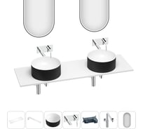 Раковина Wellsee Le.charme набор 7 в 1: две раковины из камня с подвесной столешницей 150 см (цвет матовый черный/матовый белый), кронштейны, смесители, сифоны, зеркала 202008134