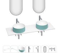 Раковина Wellsee Le.charme набор 7 в 1: две раковины из камня с подвесной столешницей 150 см (цвет матовый бирюзовый/матовый белый), кронштейны, смесители, сифоны, вентили, зеркала 202006953