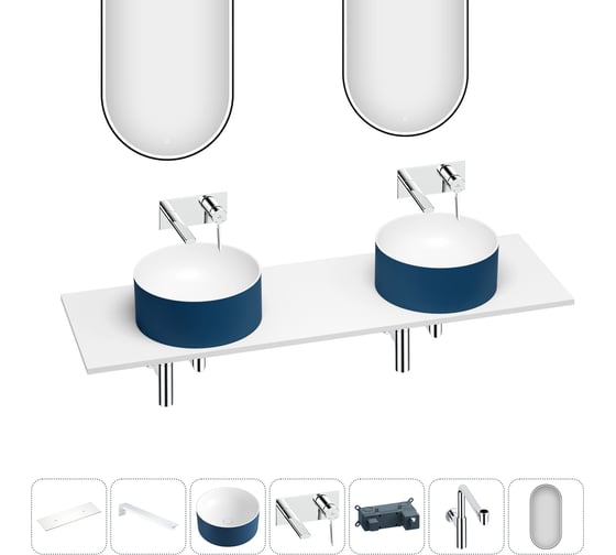 Раковина Wellsee Le.charme набор 7 в 1: две раковины из камня с подвесной столешницей 160 см (цвет матовый темно-синий/матовый белый), кронштейны, смесители, сифоны, зеркала 202008169 1