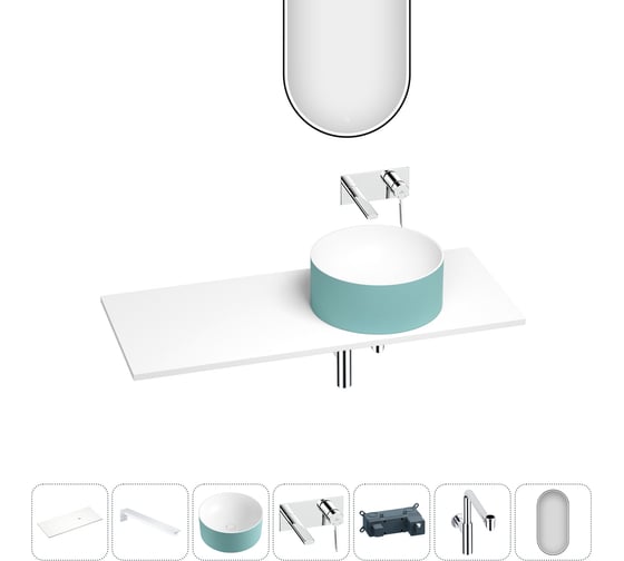 Раковина Wellsee Le.charme набор 7 в 1: раковина из камня с подвесной столешницей 120 см (цвет матовый бирюзовый/матовый белый), кронштейны, смеситель, сифон, зеркало 202008179 1