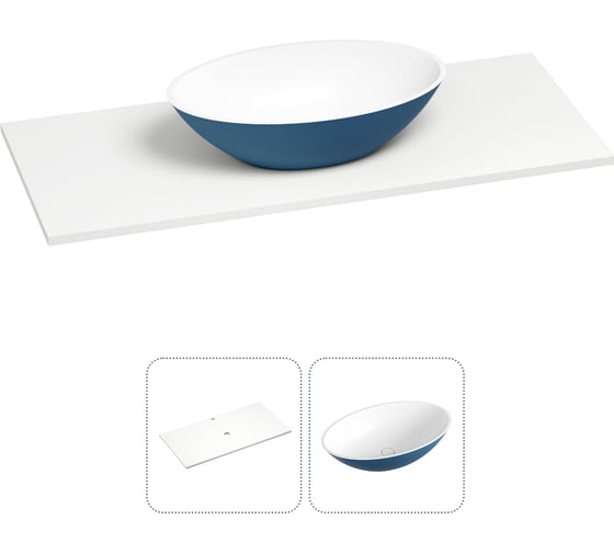 Раковина Wellsee Le.huit.mars в наборе 2 в 1: подвесная/мебельная раковина-столешница из камня 100 см (матовый темно-синий/матовый белый цвет), без кронштейнов для подвесного монтажа 214404003 1