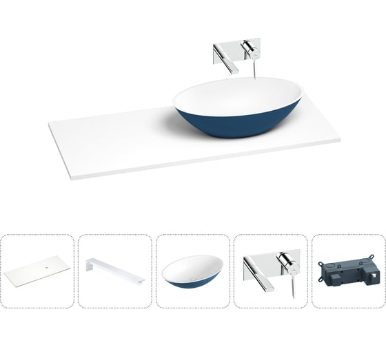 Раковина Wellsee Le.huit.mars в наборе 5 в 1: раковина из камня с подвесной столешницей 100 см (цвет матовый темно-синий/матовый белый), кронштейны, смеситель 202007355 1