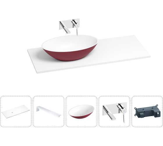 Раковина Wellsee Le.huit.mars в наборе 5 в 1: раковина из камня с подвесной столешницей 120 см (цвет матовый пурпурно-красный/матовый белый), кронштейны, смеситель 202007345 1