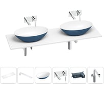 Раковина Wellsee Le.huit.mars в наборе 6 в 1: две раковины из камня с подвесной столешницей 160 см (цвет матовый темно-синий/матовый белый), кронштейны, смесители, сифоны 202007672