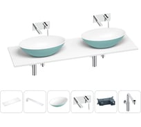 Раковина Wellsee Le.huit.mars в наборе 6 в 1: две раковины из камня с подвесной столешницей 150 см (цвет матовый бирюзовый/матовый белый), кронштейны, смесители, сифоны 202007685