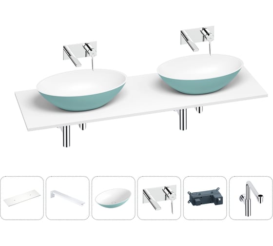 Раковина Wellsee Le.huit.mars в наборе 6 в 1: две раковины из камня с подвесной столешницей 150 см (цвет матовый бирюзовый/матовый белый), кронштейны, смесители, сифоны 202007685 1