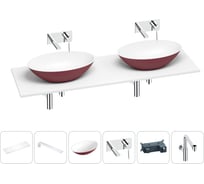 Раковина Wellsee Le.huit.mars в наборе 6 в 1: две раковины из камня с подвесной столешницей 150 см (цвет матовый пурпурно-красный/матовый белый), кронштейны, смесители, сифоны 202007657