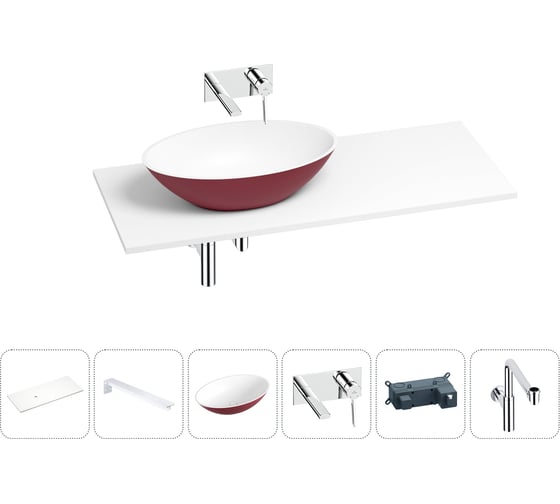 Раковина Wellsee Le.huit.mars в наборе 6 в 1: раковина из камня с подвесной столешницей 120 см (цвет матовый пурпурно-красный/матовый белый), кронштейны, смеситель, сифон 202007653 1