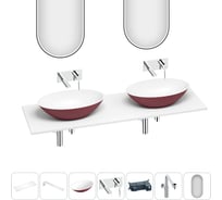 Раковина Wellsee Le.huit.mars набор 7 в 1: две раковины из камня с подвесной столешницей 160 см (цвет матовый пурпурно-красный/матовый белый), кронштейны, смесители, сифоны, зеркала 202007966