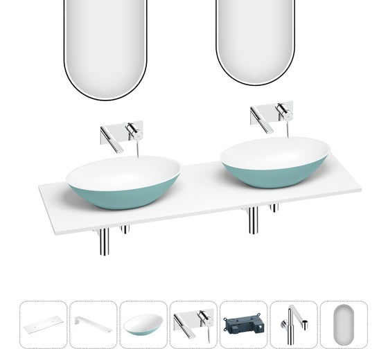 Раковина Wellsee Le.huit.mars набор 7 в 1: две раковины из камня с подвесной столешницей 160 см (цвет матовый бирюзовый/матовый белый), кронштейны, смесители, сифоны, зеркала 202007994 1