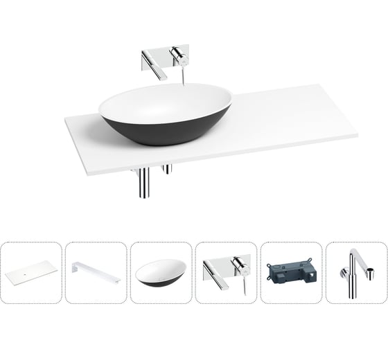 Раковина Wellsee Le.huit.mars в наборе 6 в 1: раковина из камня с подвесной столешницей 120 см (цвет матовый черный/матовый белый), кронштейны, смеситель, сифон 202007639 1