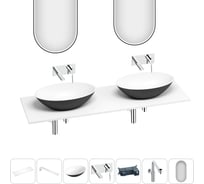 Раковина Wellsee Le.huit.mars набор 7 в 1: две раковины из камня с подвесной столешницей 150 см (цвет матовый черный/матовый белый), кронштейны, смесители, сифоны, зеркала 202007951