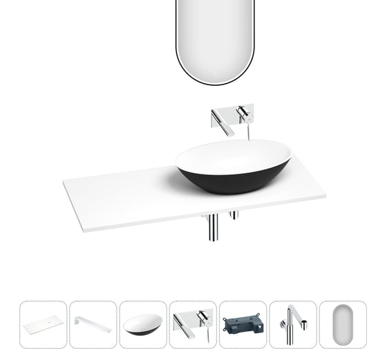 Раковина Wellsee Le.huit.mars набор 7 в 1: раковина из камня с подвесной столешницей 100 см (цвет матовый черный/матовый белый), кронштейны, смеситель, сифон, зеркало 202007943 1