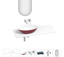 Раковина Wellsee Le.huit.mars набор 7 в 1: раковина из камня с подвесной столешницей 130 см (цвет матовый пурпурно-красный/матовый белый), кронштейны, смеситель, сифон, зеркало 202007963