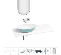 Раковина Wellsee Le.huit.mars набор 7 в 1: раковина из камня с подвесной столешницей 130 см (цвет матовый бирюзовый/матовый белый), кронштейны, смеситель, сифон, зеркало 202007991