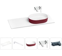 Раковина Wellsee Le.premier в наборе 5 в 1: раковина из камня с подвесной столешницей 100 см (цвет матовый пурпурно-красный/матовый белый), кронштейны, смеситель 202007282