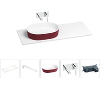 Раковина Wellsee Le.premier в наборе 5 в 1: раковина из камня с подвесной столешницей 120 см (цвет матовый пурпурно-красный/матовый белый), кронштейны, смеситель 202007286