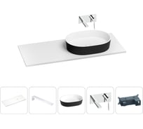Раковина Wellsee Le.premier в наборе 5 в 1: раковина из камня с подвесной столешницей 120 см (цвет матовый черный/матовый белый), кронштейны, смеситель 202007272