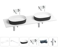 Раковина Wellsee Le.premier в наборе 6 в 1: две раковины из камня с подвесной столешницей 150 см (цвет матовый черный/матовый белый), кронштейны, смесители, сифоны 202007584