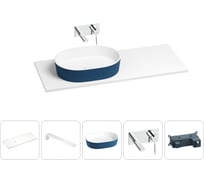 Раковина Wellsee Le.premier в наборе 5 в 1: раковина из камня с подвесной столешницей 130 см (цвет матовый темно-синий/матовый белый), кронштейны, смеситель 202007303