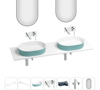 Раковина Wellsee Le.premier набор 7 в 1: две раковины из камня с подвесной столешницей 160 см (цвет матовый бирюзовый/матовый белый), кронштейны, смесители, сифоны, зеркала 202007938