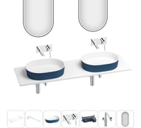 Раковина Wellsee Le.premier набор 7 в 1: две раковины из камня с подвесной столешницей 150 см (цвет матовый темно-синий/матовый белый), кронштейны, смесители, сифоны, зеркала 202007922