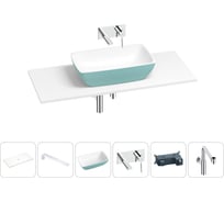 Раковина-столешница Wellsee La.chance в наборе 6 в 1: каменная раковина матового бирюзового/матового белого цвета, столешница 100 см, кронштейны, смеситель, сифон 202007731