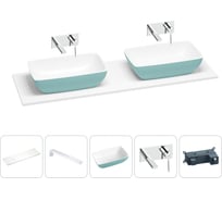 Раковина-столешница Wellsee La.chance в наборе 5 в 1: две раковины из камня с подвесной столешницей 150 см (цвет матовый бирюзовый/матовый белый), кронштейны, смесители 202007433