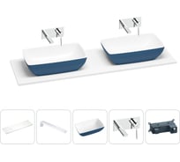 Раковина-столешница Wellsee La.chance в наборе 5 в 1: две раковины из камня с подвесной столешницей 160 см (цвет матовый темно-синий/матовый белый), кронштейны, смесители 202007420