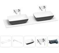 Раковина-столешница Wellsee La.chance в наборе 5 в 1: две раковины из камня с подвесной столешницей 160 см (цвет матовый черный/матовый белый), кронштейны, смесители 202007392