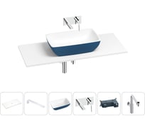 Раковина-столешница Wellsee La.chance в наборе 6 в 1: каменная раковина матового темно-синего/матового белого цвета, столешница 100 см, кронштейны, смеситель, сифон 202007717