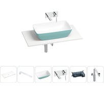 Раковина-столешница Wellsee La.chance в наборе 6 в 1: каменная раковина матового бирюзового/матового белого цвета, столешница 80 см, кронштейны, смеситель, сифон 202007729