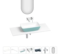 Раковина-столешница Wellsee La.chance набор 7 в 1: каменная раковина матового бирюзового/матового белого цвета, столешница 120 см, кронштейны, смеситель, сифон, зеркало 202008044