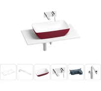 Раковина-столешница Wellsee La.chance в наборе 6 в 1: каменная раковина матового пурпурно-красного/матового белого цвета, столешница 90 см, кронштейны, смеситель, сифон 202007702