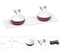 Раковина-столешница Wellsee La.lune в наборе 5 в 1: две раковины из камня с подвесной столешницей 140 см (цвет матовый пурпурно-красный/матовый белый), кронштейны, смесители 202007466