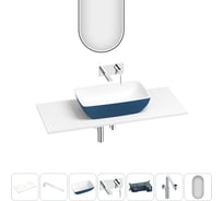 Раковина-столешница Wellsee La.chance набор 7 в 1: каменная раковина матового темно-синего/матового белого цвета, столешница 100 см, кронштейны, смеситель, сифон, зеркало 202008025