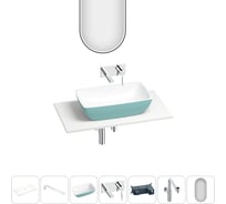 Раковина-столешница Wellsee La.chance набор 7 в 1: каменная раковина матового бирюзового/матового белого цвета, столешница 90 см, кронштейны, смеситель, сифон, зеркало 202008038