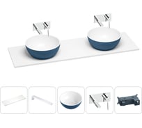 Раковина-столешница Wellsee La.lune в наборе 5 в 1: две раковины из камня с подвесной столешницей 140 см (цвет матовый темно-синий/матовый белый), кронштейны, смесители 202007483