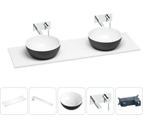 Раковина-столешница Wellsee La.lune в наборе 5 в 1: две раковины из камня с подвесной столешницей 160 см (цвет матовый черный/матовый белый), кронштейны, смесители 202007451