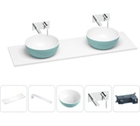 Раковина-столешница Wellsee La.lune в наборе 5 в 1: две раковины из камня с подвесной столешницей 150 см (цвет матовый бирюзовый/матовый белый), кронштейны, смесители 202007501