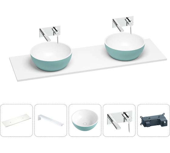 Раковина-столешница Wellsee La.lune в наборе 5 в 1: две раковины из камня с подвесной столешницей 160 см (цвет матовый бирюзовый/матовый белый), кронштейны, смесители 202007502 1
