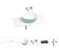Раковина-столешница Wellsee La.lune в наборе 6 в 1: каменная раковина матового бирюзового/матового белого цвета, столешница 80 см, кронштейны, смеситель, сифон 202007794