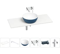 Раковина-столешница Wellsee La.lune в наборе 6 в 1: каменная раковина матового темно-синего/матового белого цвета, столешница 100 см, кронштейны, смеситель, сифон 202007779