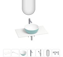 Раковина-столешница Wellsee La.lune набор 7 в 1: каменная раковина матового бирюзового/матового белого цвета, столешница 80 см, кронштейны, смеситель, сифон, вентили, зеркало 202006870