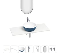 Раковина-столешница Wellsee La.lune набор 7 в 1: каменная раковина матового темно-синего/матового белого цвета, столешница 100 см, кронштейны, смеситель, сифон, вентили, зеркало 202006855