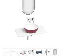 Раковина-столешница Wellsee La.lune набор 7 в 1: каменная раковина матового пурпурно-красного/матового белого цвета, столешница 80 см, кронштейны, смеситель, сифон, зеркало 202008068