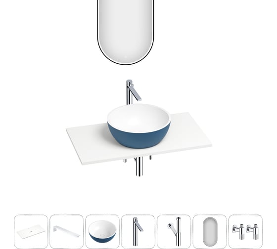 Раковина-столешница Wellsee La.lune набор 7 в 1: каменная раковина матового темно-синего/матового белого цвета, столешница 90 см, кронштейны, смеситель, сифон, вентили, зеркало 202006854 1